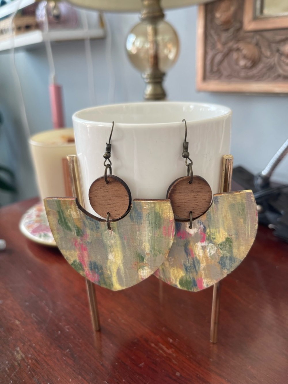 Handpainted Wooden Half-Moon Dangle Earrings - Lightweight Multicolor